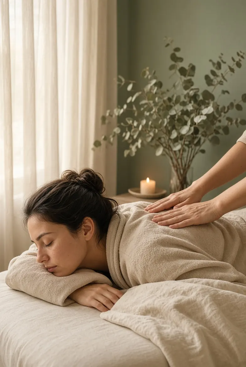 Handen op de rug van een vrouw tijdens een energetische massage, met zicht op een groene tuin